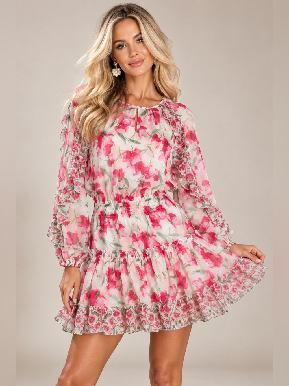Misa Los Angeles Pink Floral Ruffle Tiered Long Sleeve Mini Dress Size XL
